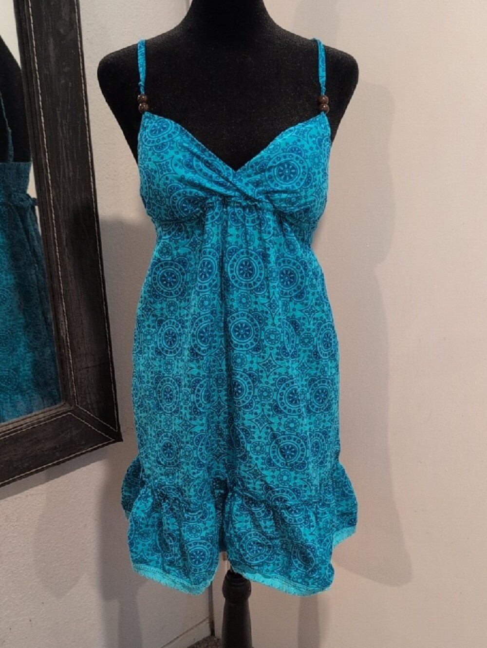 Lei Womenâs Medium Turquoise Blue Paisley Sundress Boho Babydoll Spaghetti Strap
